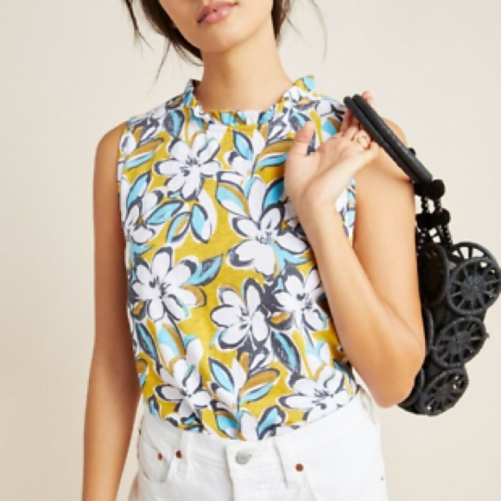 NWT Anthropologie T.La Women's Cotton Mustard White Floral Sleeveless Top